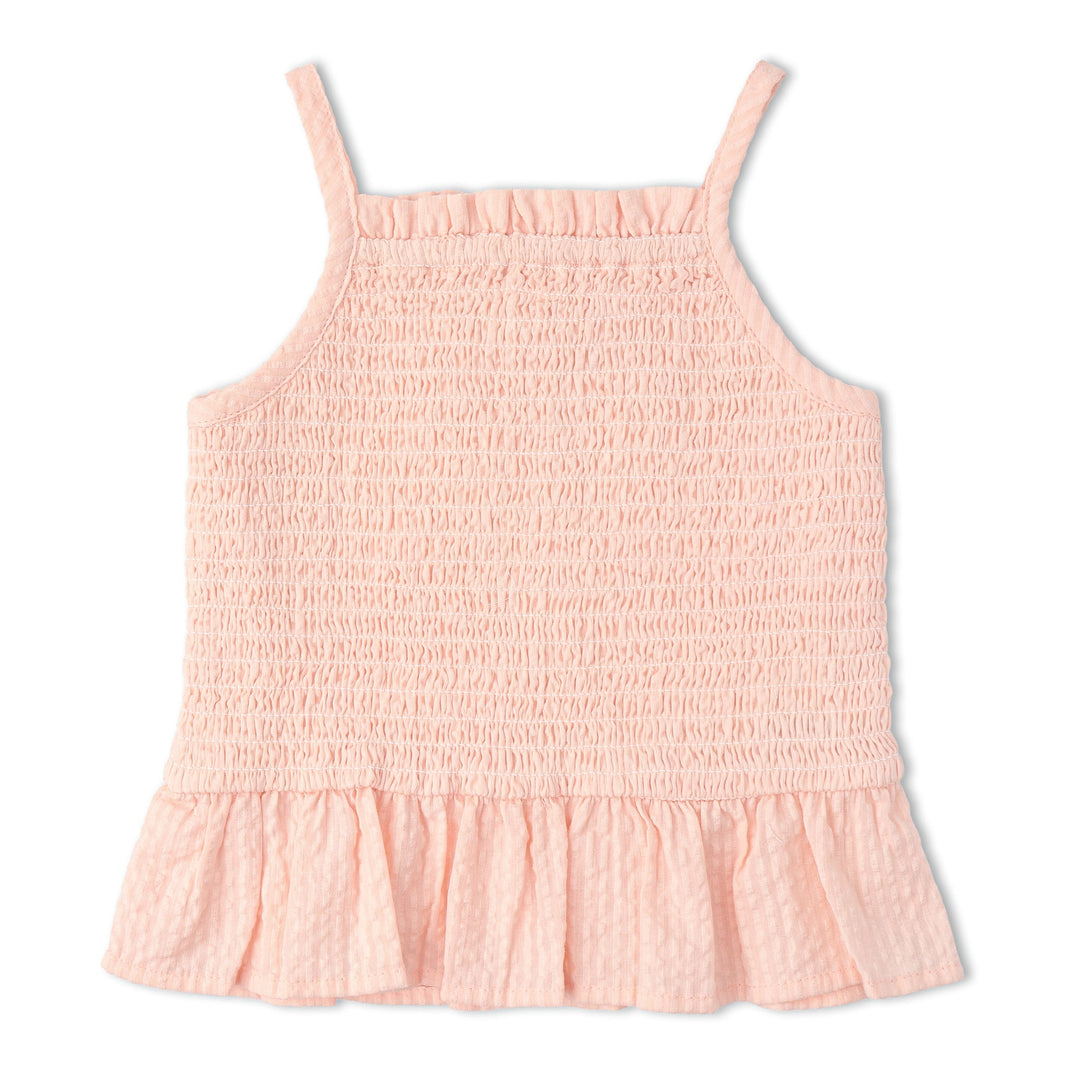 MakeMake Organics Blush Smocked Set lifestyle - delicate organic cotton infant bloomer outfit