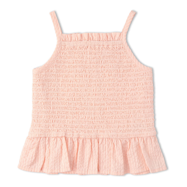 MakeMake Organics Blush Smocked Set lifestyle - delicate organic cotton infant bloomer outfit