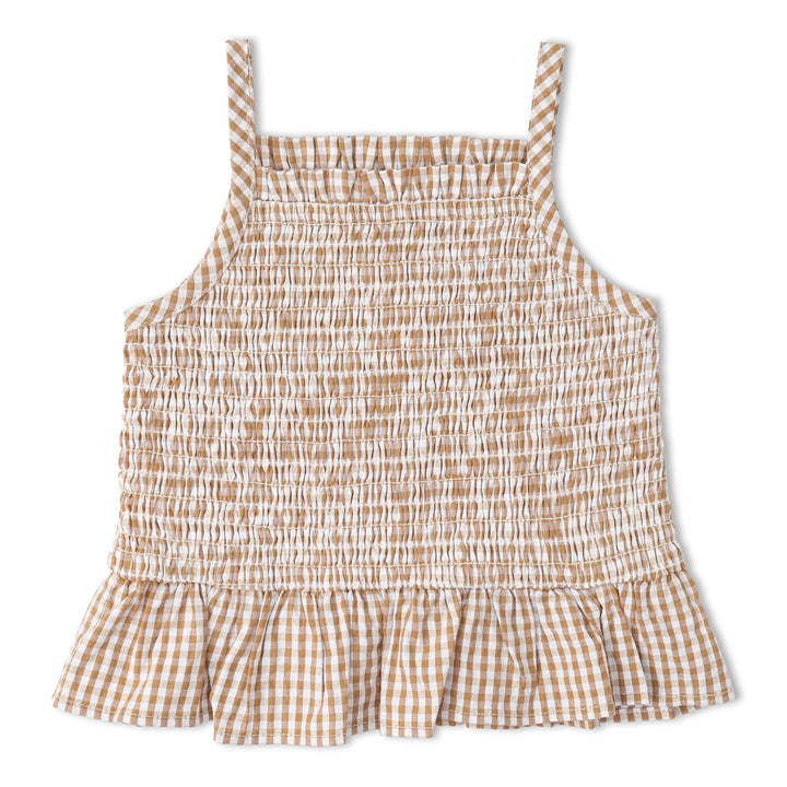 MakeMake Organics Caramel Smocked Bloomer Set lifestyle - warm neutral organic infant bloomer set