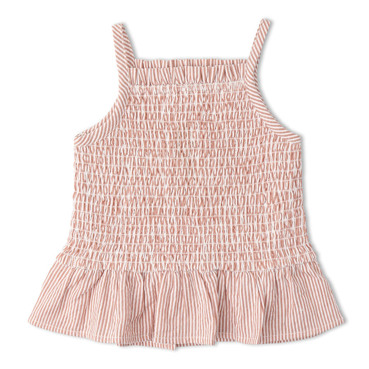 MakeMake Organics Coral Smocked Set lifestyle - boutique organic cotton infant bloomer outfit