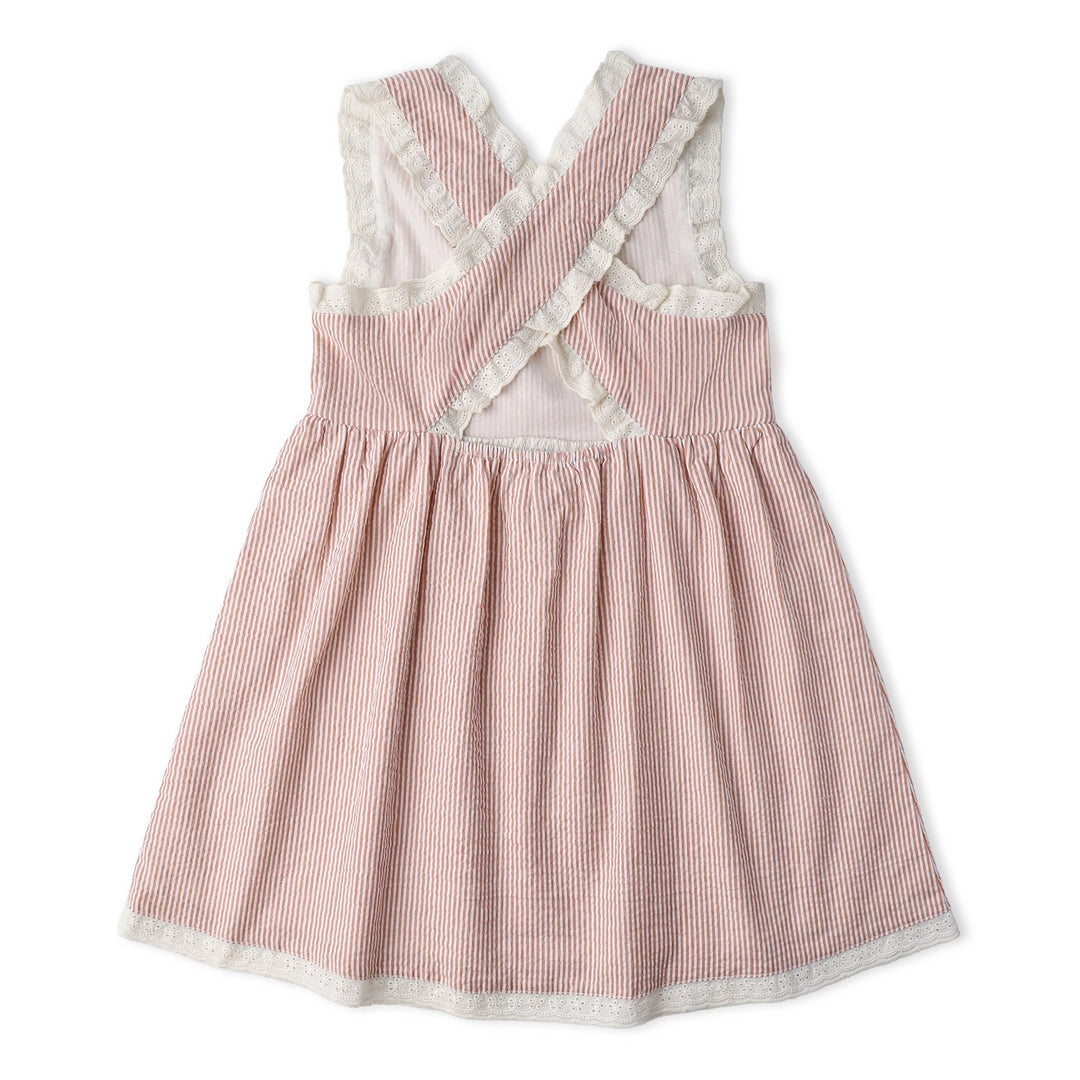 MakeMake Organics Cross Back Dress Coral Stripes lifestyle - organic seersucker toddler dress