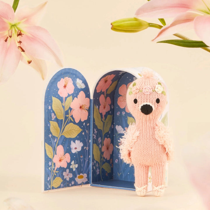 Soft and cuddly Cuddle + Kind Tiny Animals stuffies, showcasing a charming Flamingo plush toy for playtime.