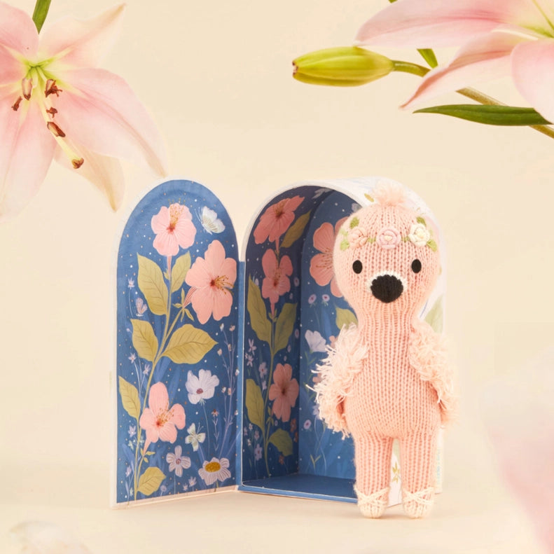 Soft and cuddly Cuddle + Kind Tiny Animals stuffies, showcasing a charming Flamingo plush toy for playtime.