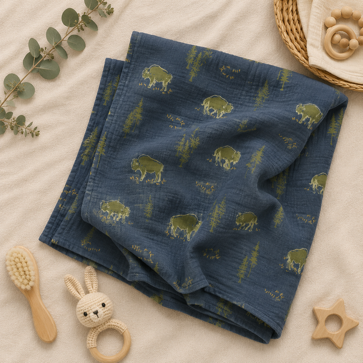 Cotton muslin baby swaddle in Free Range Bison print, Mady & Max 47 x 47 inch