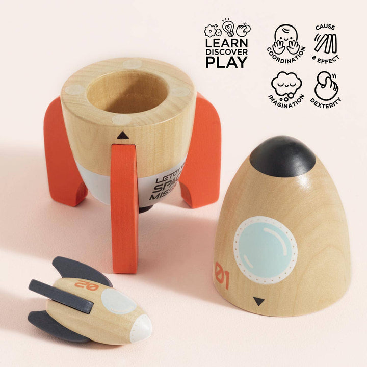 Rocket base, nose cone and small spaceship laid out, Magnetic Space Rocket Duo by Le Toy Van, learn and discover play