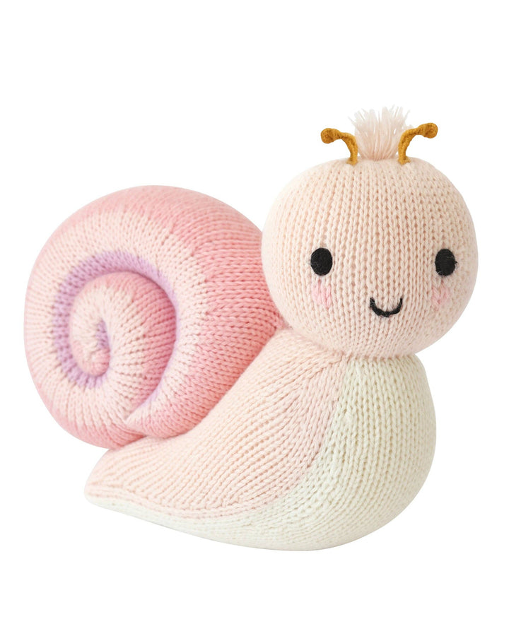 Cuddle + Kind Baby Snail Peony — hand-knit stuffed animal snail in soft pink peony for babies