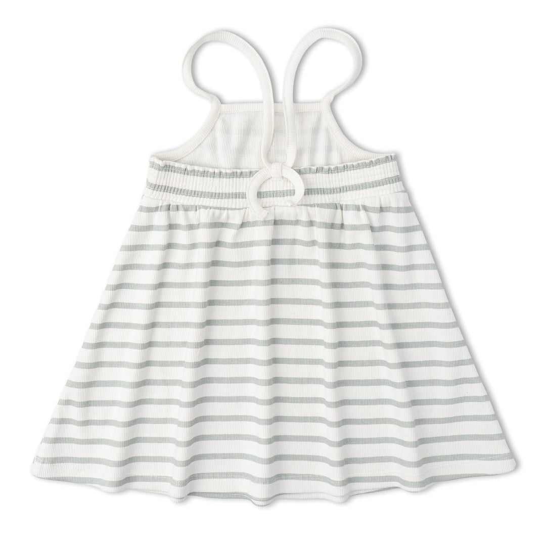 MakeMake Organics Tie-Back Strap Dress Fog Stripes back detail - organic tie-back toddler dress