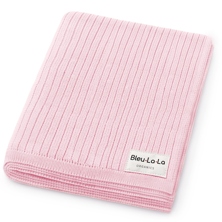 Folded pastel pink Bleu La La Organic Ribbed Knit Cotton Baby Blanket, ultra-soft organic cotton newborn receiving blanket
