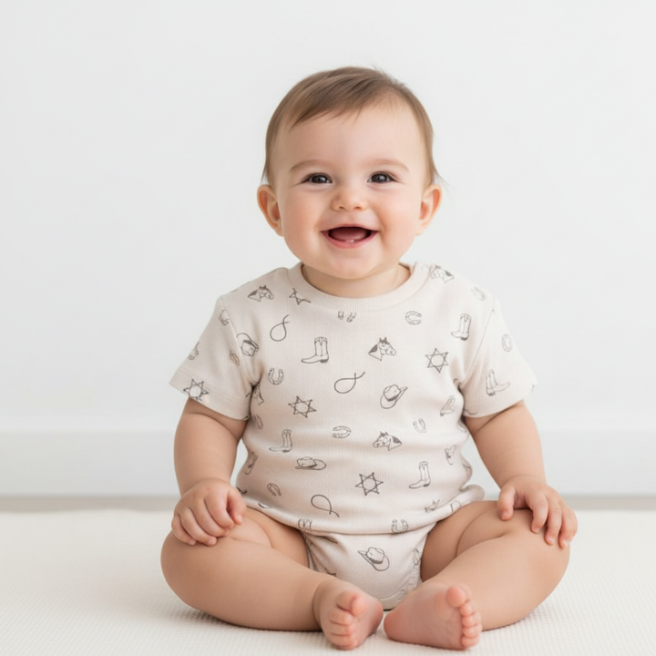 MakeMake Organics Rodeo Short Sleeve Bubble Romper - Western print organic cotton baby romper