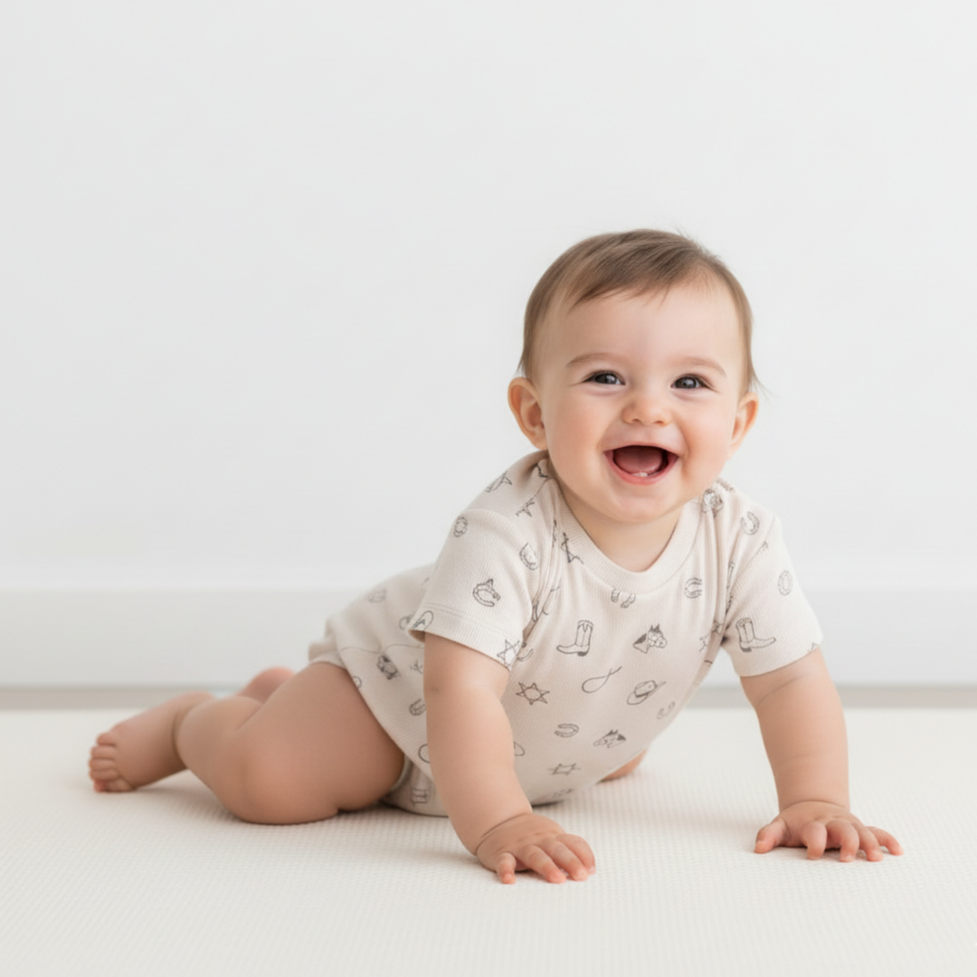 Rodeo print organic short sleeve romper back view - MakeMake Organics snap closure baby romper