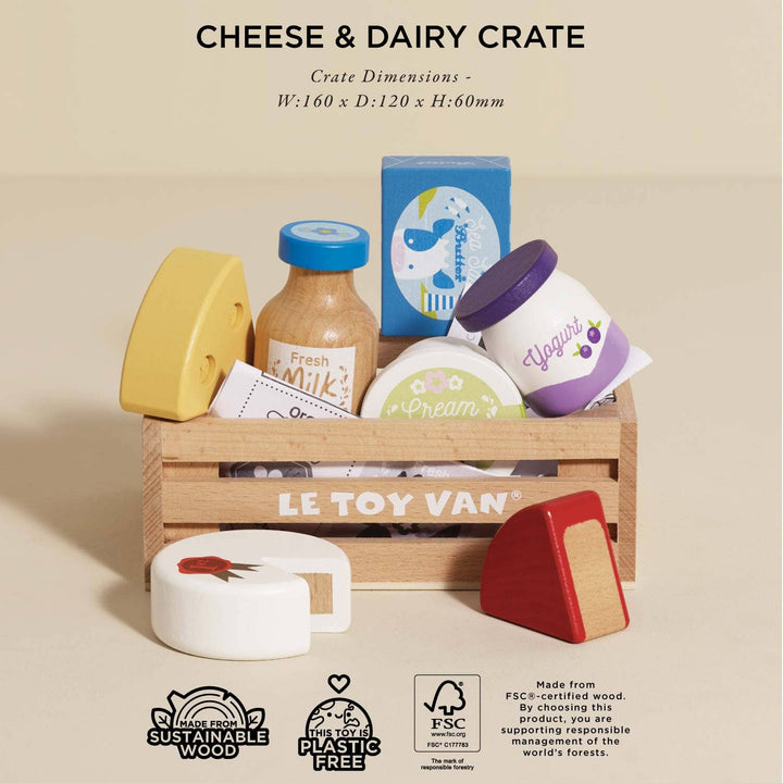 Encourage imaginative role-play using the Le Toy Van Cheese & Dairy Wooden Market Crate, a Montessori toy.