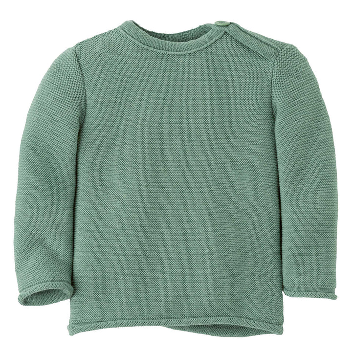 Jade knit pullover with shoulder button opening and rolled hem, Disana Organic Merino Wool Baby Jumper, warm toddler sweater