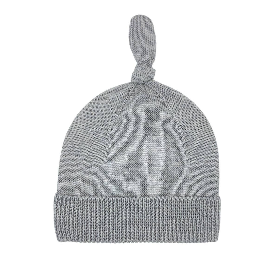 Merino Wool Top Knot Baby Beanie from ALIAP shown in grey, warm and breathable wool cap for cold weather