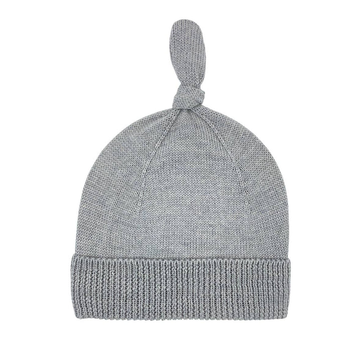 Merino Wool Top Knot Baby Beanie from ALIAP shown in grey, warm and breathable wool cap for cold weather