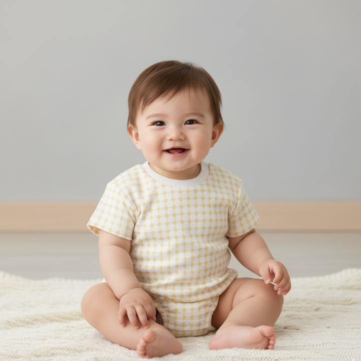 MakeMake Organics Dotty Gingham Short Sleeve Bubble Romper - classic organic cotton baby romper