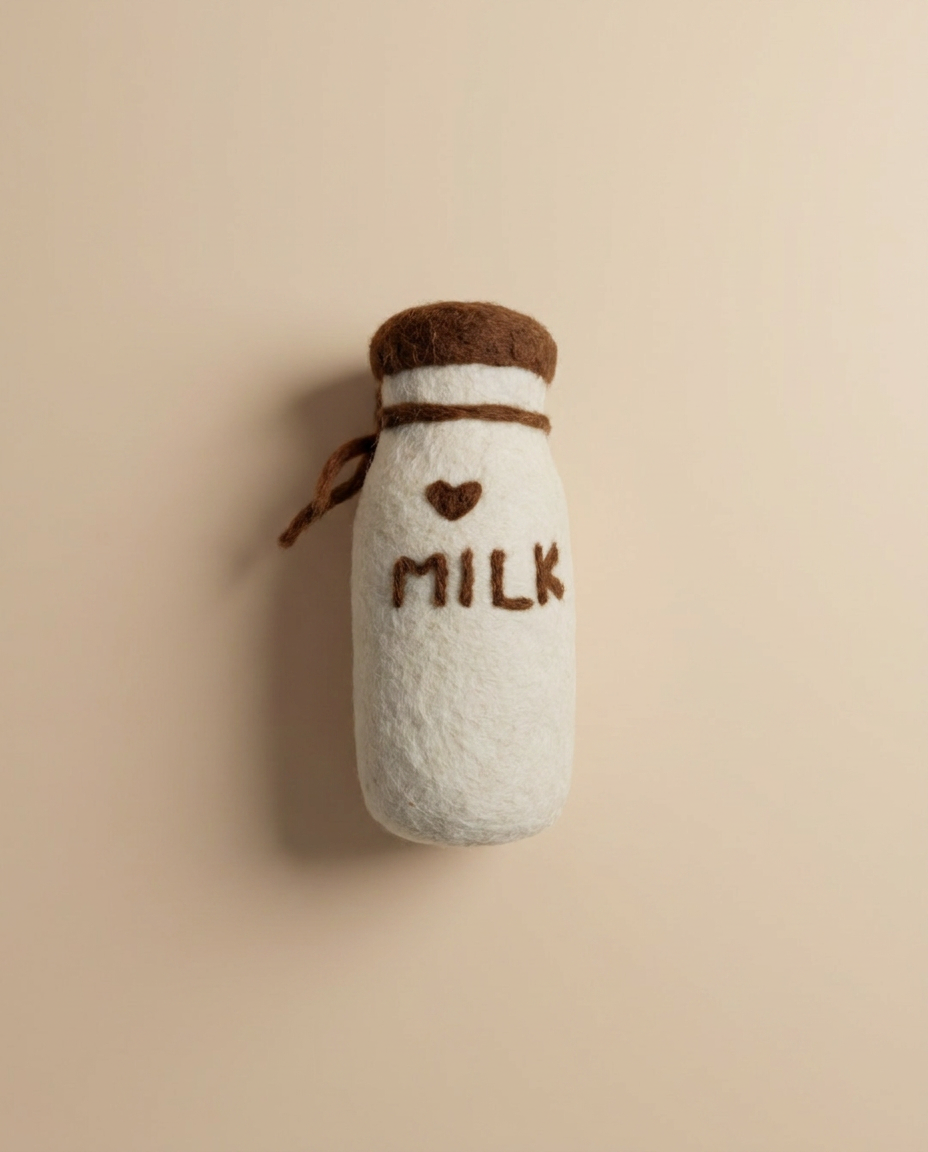 Kaddu Felt Milk Bottle pretend play food with twine tie and heart detail