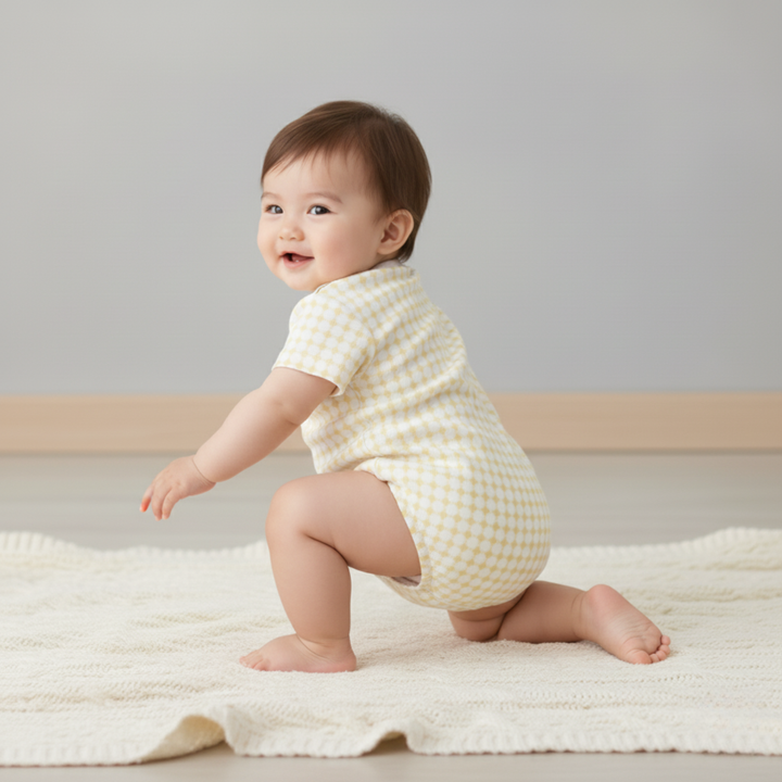 Organic gingham bubble romper detail flat lay - MakeMake Organics playful print infant one-piece