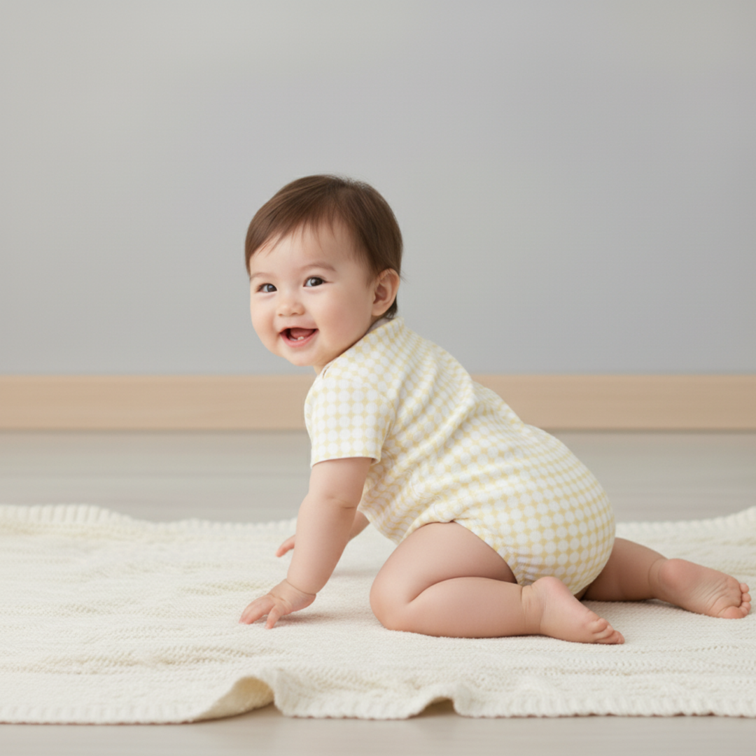 Dotty gingham short sleeve romper back view - MakeMake Organics snap closure organic baby romper