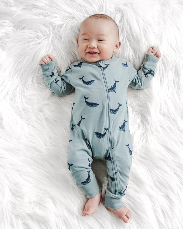 Zip romper baby onesie with Blue Whale design by City Mouse
