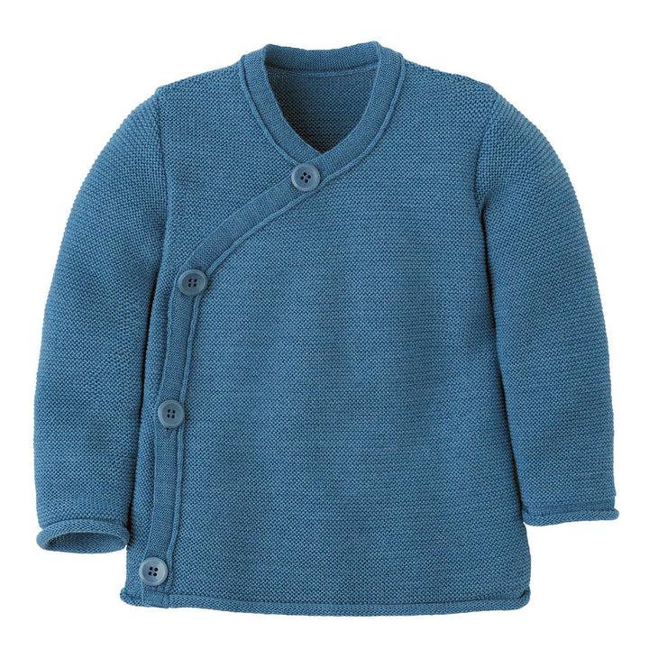 Dove Blue wrap cardigan with side buttons and V neck, Disana Organic Merino Wool Baby Wrap Jacket, soft knit newborn sweater