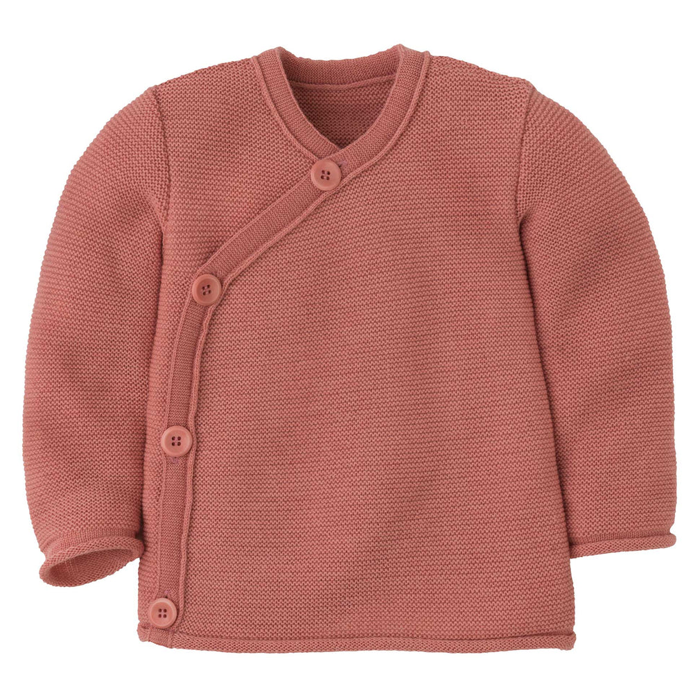Disana Organic Merino Wool Baby Wrap Jacket in Soft Pink, crossover knit cardigan with rolled cuffs for babies and toddlers