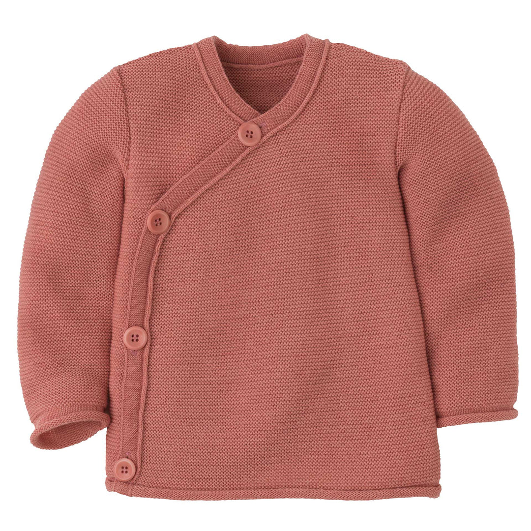 Disana Organic Merino Wool Baby Wrap Jacket in Soft Pink, crossover knit cardigan with rolled cuffs for babies and toddlers