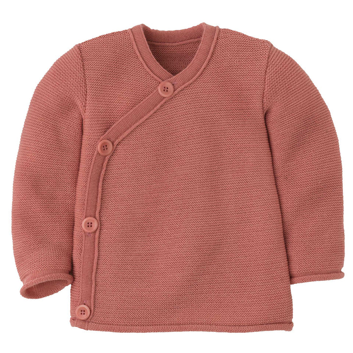 Disana Organic Merino Wool Baby Wrap Jacket in Soft Pink, crossover knit cardigan with rolled cuffs for babies and toddlers