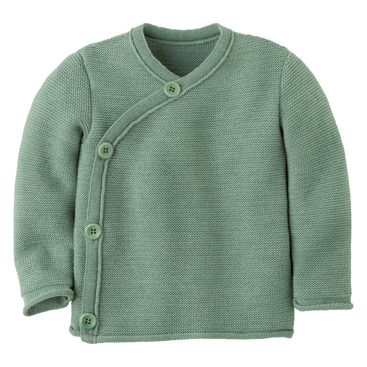 Organic wool kimono style baby cardigan in Jade, the Disana Organic Merino Wool Baby Wrap Jacket with easy side closure