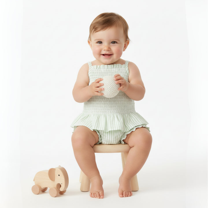 Basil stripe smocked bloomer set back view - MakeMake Organics organic cotton coordinated baby set