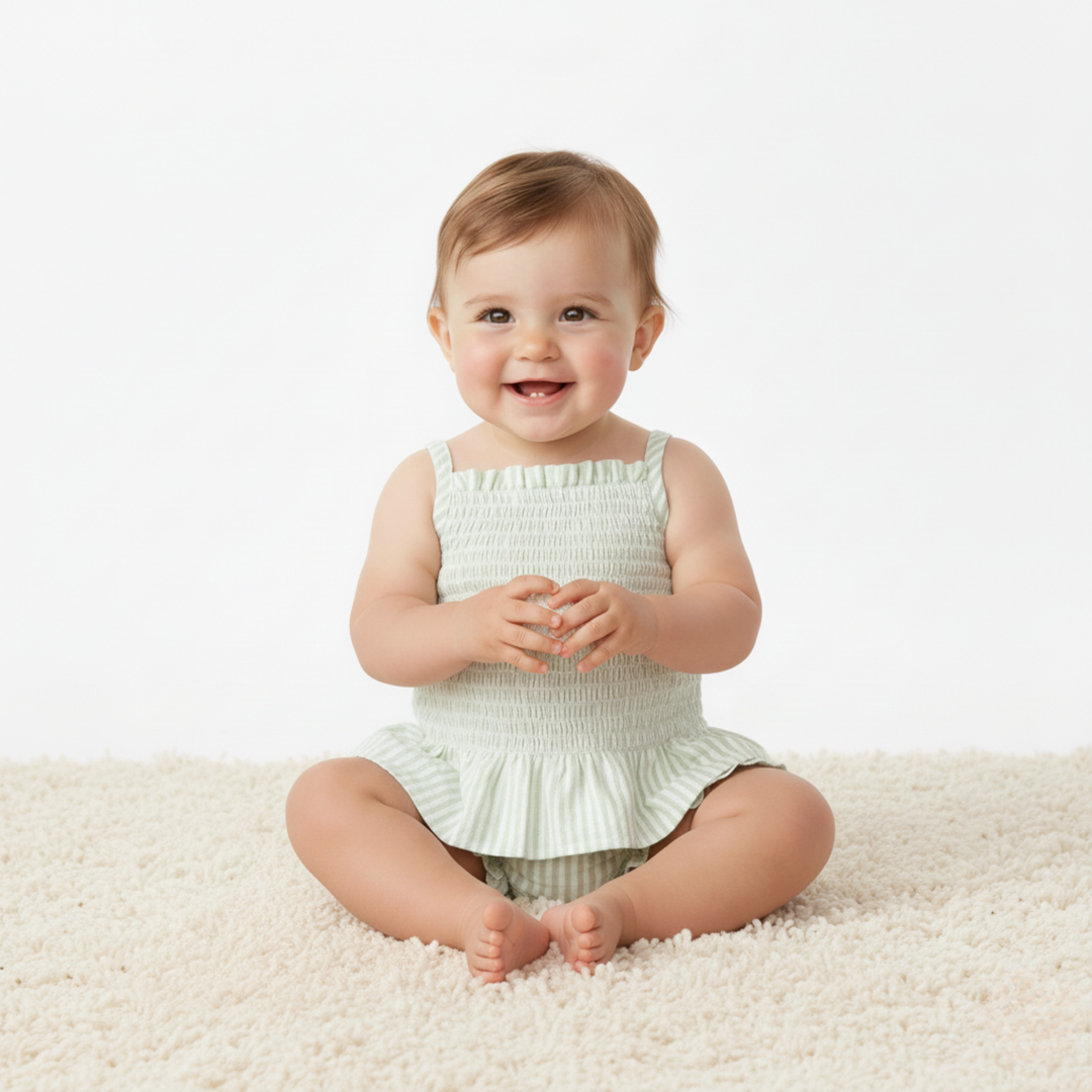 MakeMake Organics Basil Stripes Smocked Top and Bloomer Set - GOTS certified organic baby set