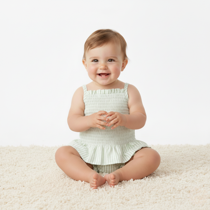 MakeMake Organics Basil Stripes Smocked Top and Bloomer Set - GOTS certified organic baby set