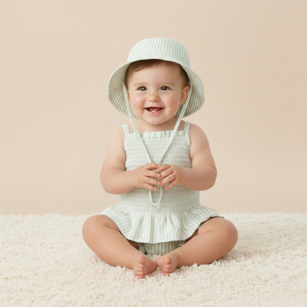 Organic basil stripe bucket sun hat flat lay - MakeMake Organics breathable summer hat for babies