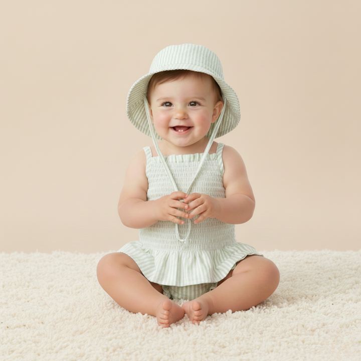 Organic basil stripe bucket sun hat flat lay - MakeMake Organics breathable summer hat for babies