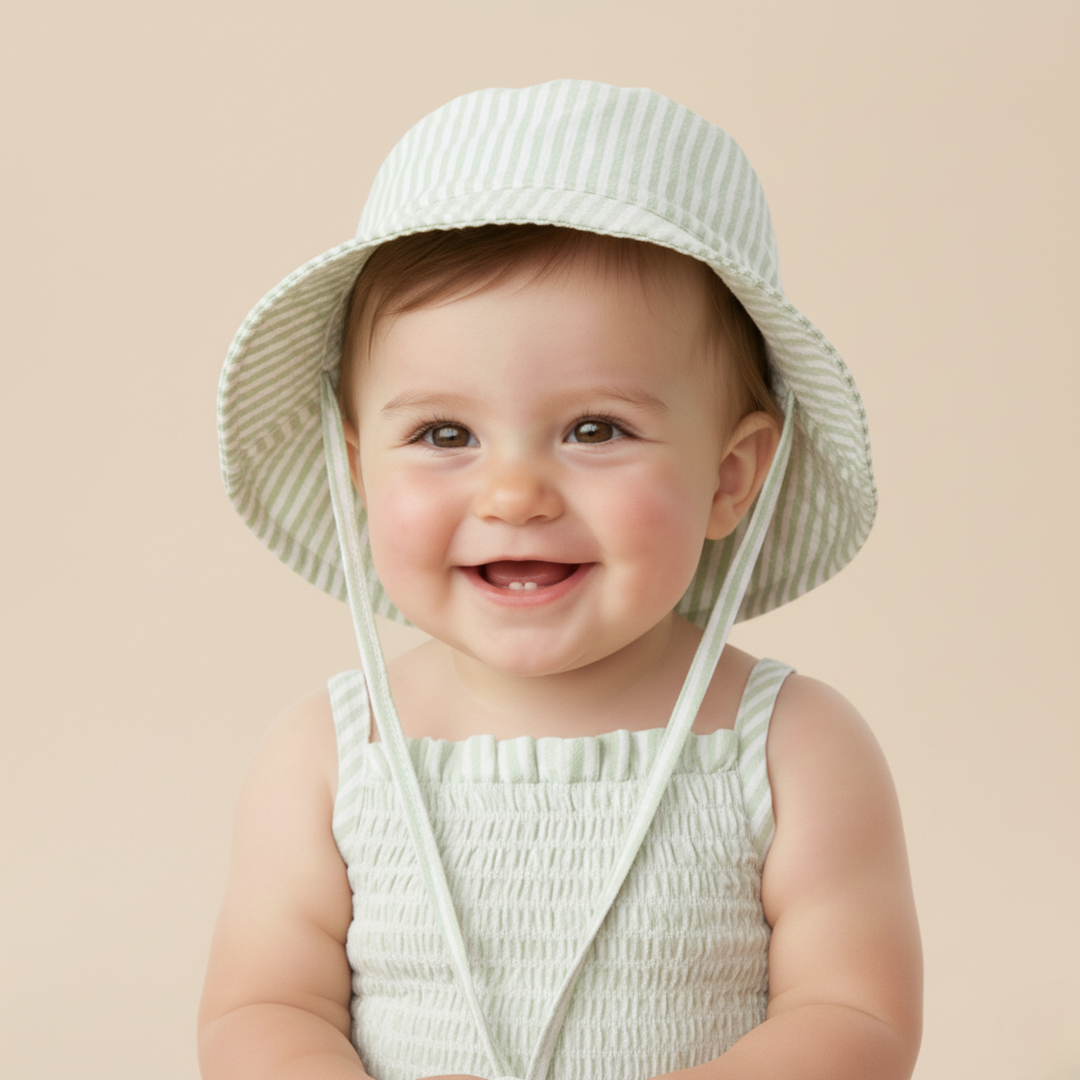 MakeMake Organics Basil Stripes Organic Bucket Sun Hat - GOTS certified seersucker baby sun hat
