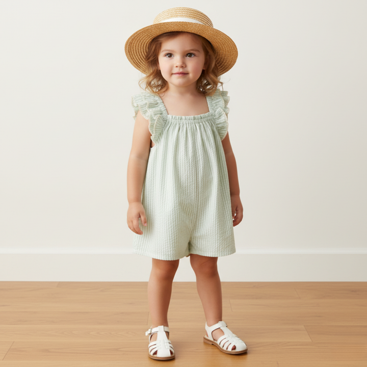 MakeMake Organics Basil Stripes Flutter Jumpsuit - GOTS certified seersucker toddler jumpsuit