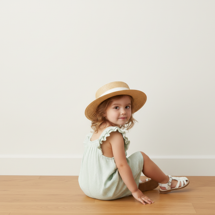 Basil stripe flutter jumpsuit back view - MakeMake Organics organic cotton wide-leg toddler outfit