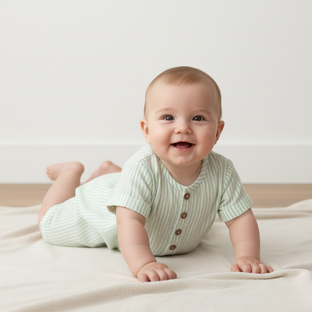 MakeMake Organics Basil Stripes Short Bubble Romper - GOTS certified organic seersucker baby romper
