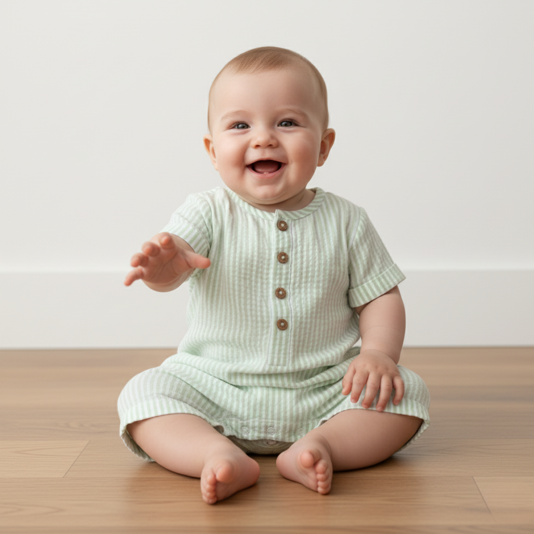 MakeMake Organics Short Bubble Romper Basil Stripes detail shot - breathable seersucker fabric