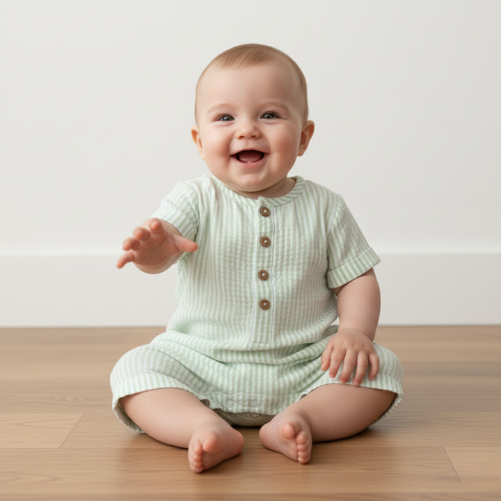 MakeMake Organics Short Bubble Romper Basil Stripes detail shot - breathable seersucker fabric