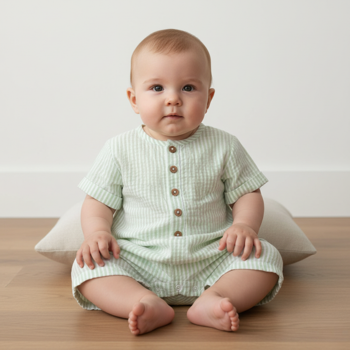 Basil stripe organic short bubble romper back view - MakeMake Organics snap closure baby romper