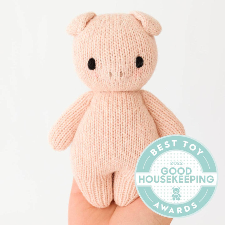 knitted handmade pink baby pig stuffed toy for babies by cuddle+kind