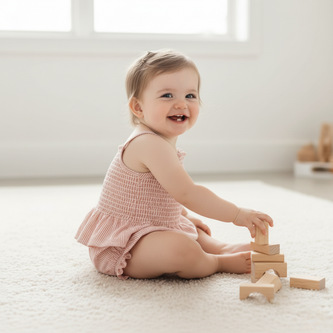 Coral stripe smocked top and bloomer set back view - MakeMake Organics organic cotton baby set