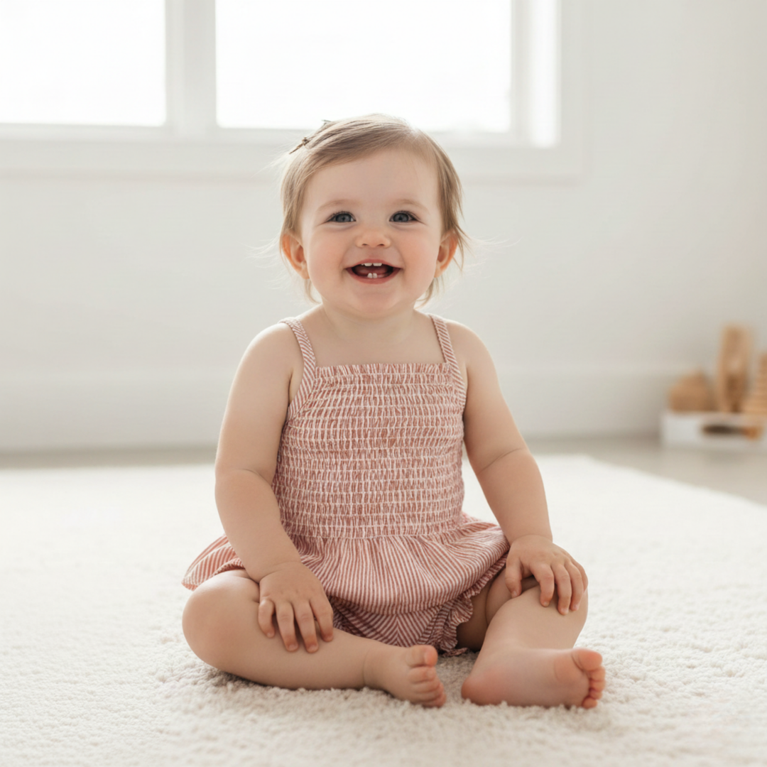 MakeMake Organics Coral Stripes Smocked Top and Bloomer Set - GOTS certified organic baby set
