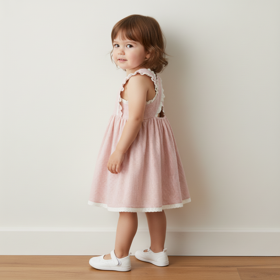 MakeMake Organics Coral Stripes Cross Back Dress - GOTS certified seersucker organic baby dress