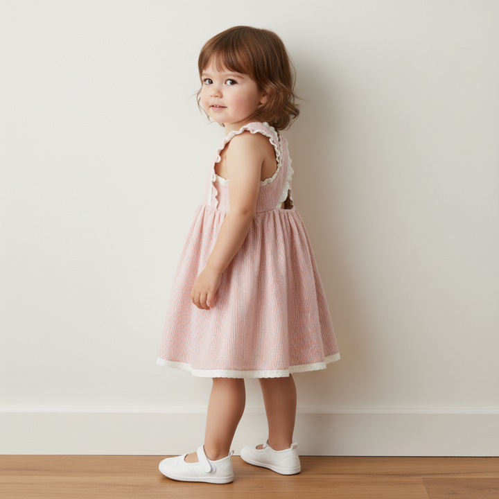 MakeMake Organics Coral Stripes Cross Back Dress - GOTS certified seersucker organic baby dress