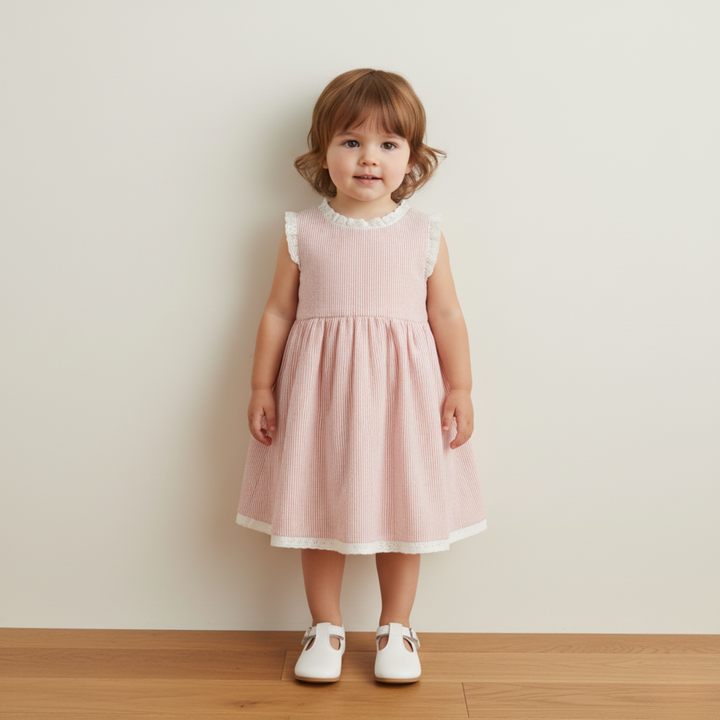 Coral stripe organic cross back dress back strap detail - MakeMake Organics baby summer dress