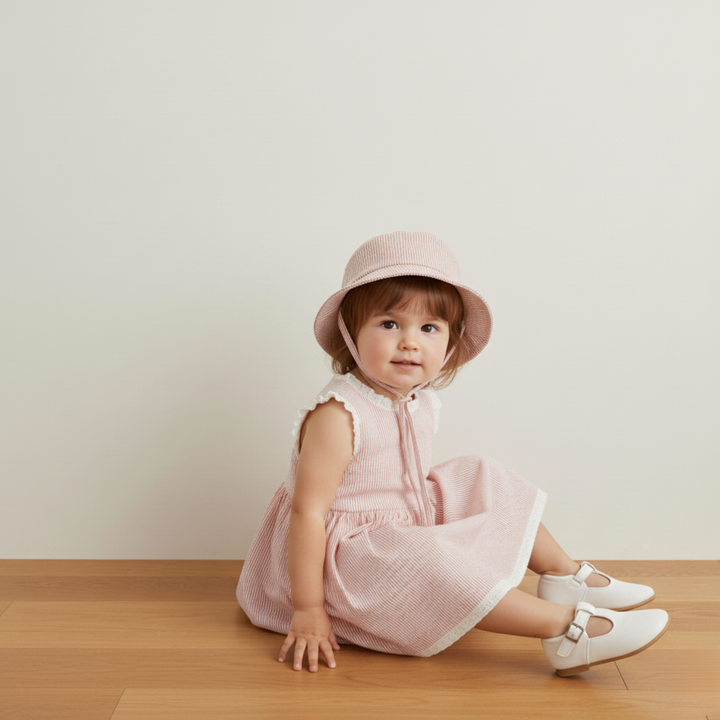Organic cotton coral stripe sun hat for infants and toddlers - MakeMake Organics wide brim hat