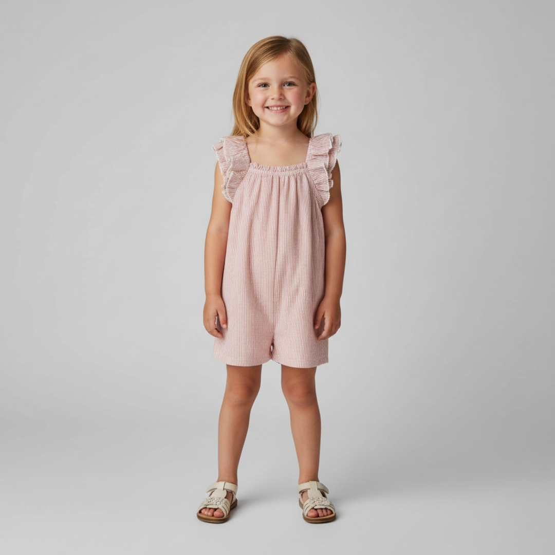 MakeMake Organics Coral Stripes Flutter Jumpsuit - GOTS certified organic seersucker toddler jumpsuit