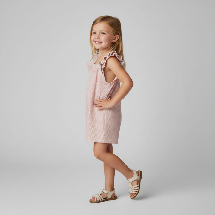 Coral stripe flutter jumpsuit back view - MakeMake Organics wide-leg organic cotton toddler outfit