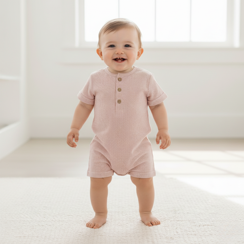 Coral stripe organic bubble romper back view - MakeMake Organics snap closure baby romper